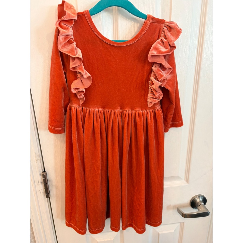 Mila & Rose Velvet Dress Orange Ruffle Shoulder Long Sleeve Holiday Party 5-6